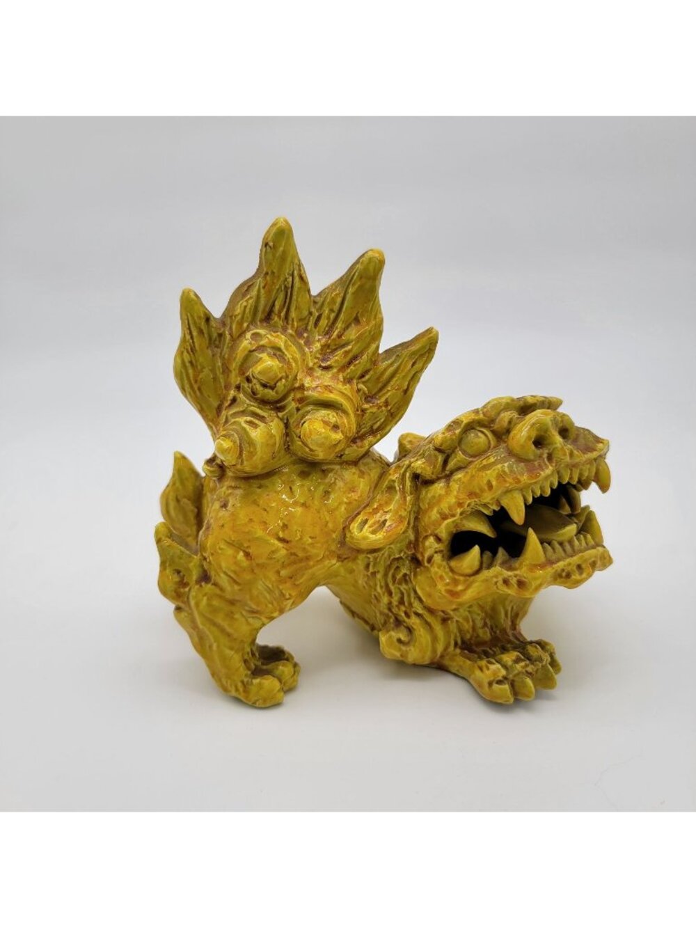 Vintage Yellow Pottery Foo Dog Guardian Lion Statue